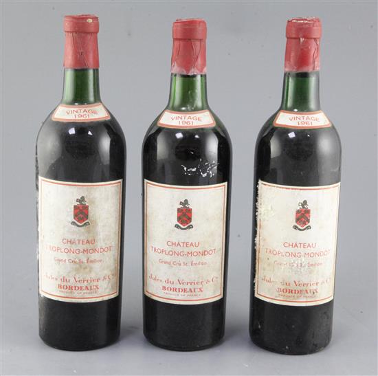 Three bottles of Chateau Troplong-Mondot, Grand Cru St. Emilion, 1961.